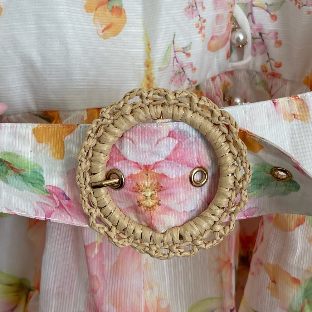 L'ATISTE White Floral Long Sleeve Tie-Waist Dress - Picture 3 of 6
